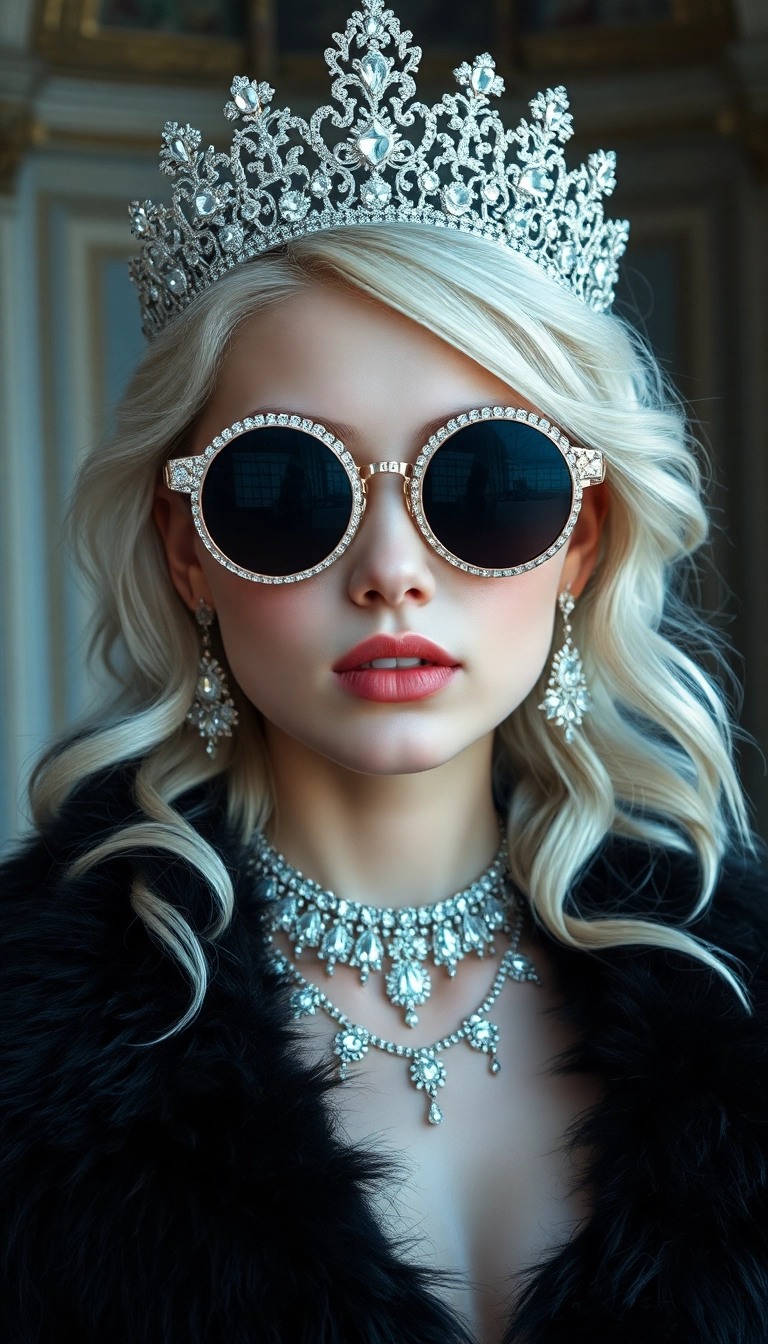 HD iPhone AI Young Platinum Blonde Queen in Black Fur Captivating Background Picture